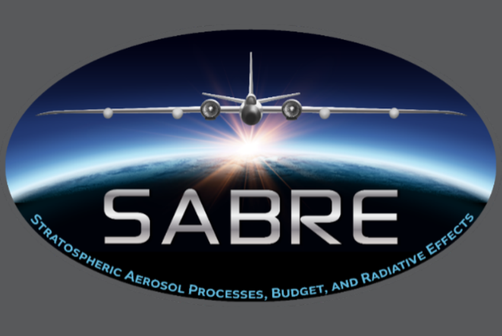 SABRE mission badge showing the NASA WB-57 aircraft flying towards viewer over a background of a curved edge of the Earth below, the acronym SABRE under that and the words Stratospheric Aerosol processes, Budget and Radiative Effects